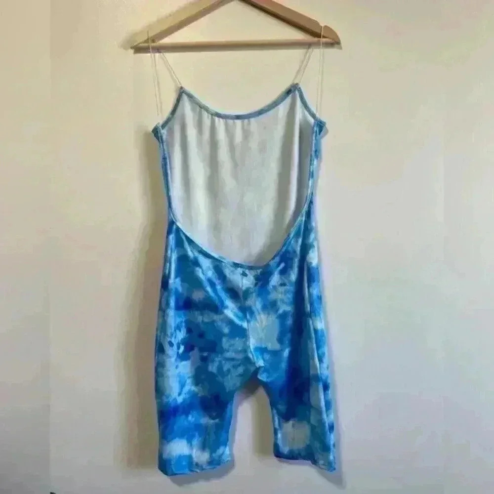 Fashion Nova Blue Tie Dye Swirl Biker Short Romper - Picture 4 of 7